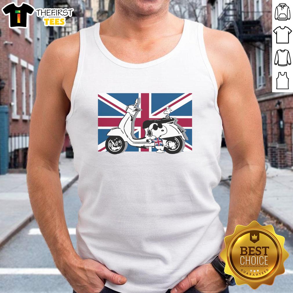 cute-peanuts-union-jack-scooter-snoopy-tank-top Alt Text: Cute Peanuts Union Jack Scooter Snoopy tank top featuring a playful design of Snoopy on a scooter against a Union Jack.
