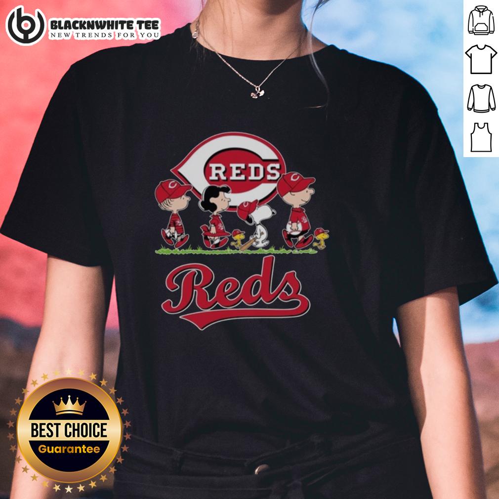 Cute Snoopy Charlie Brown Linus And Lucy Wearing Cincinnati Reds Baseball Jersey Ladies-Tee Cute Snoopy, Charlie Brown, Linus, and Lucy wearing Cincinnati Reds baseball jerseys on a ladies tee shirt.