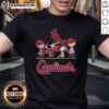Alt Text: Cute Snoopy, Charlie Brown, Linus, and Lucy wearing St. Louis Cardinals baseball jersey t-shirts, perfect for fans.