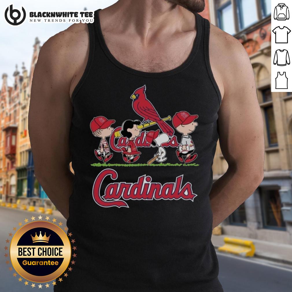 Cute Snoopy Charlie Brown Linus And Lucy Wearing St Louis Cardinals Baseball Jersey Tank Top Alt Text: Cute Snoopy, Charlie Brown, Linus, and Lucy in St. Louis Cardinals baseball jersey tank tops, showcasing team spirit.