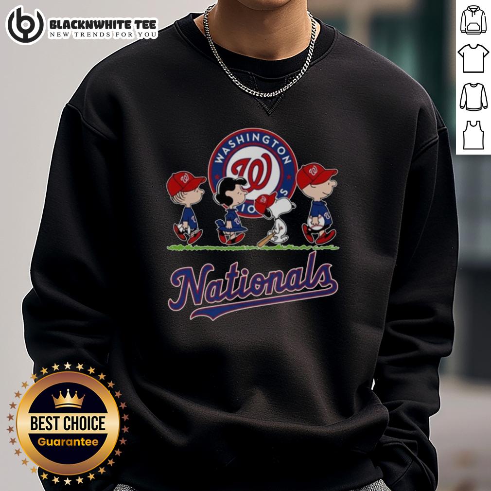 Cute Snoopy Charlie Brown Linus And Lucy Wearing Washington Nationals Baseball Jersey Sweatshirt Alt Text: Cute Snoopy, Charlie Brown, Linus, and Lucy in Washington Nationals baseball jersey sweatshirts, celebrating together.