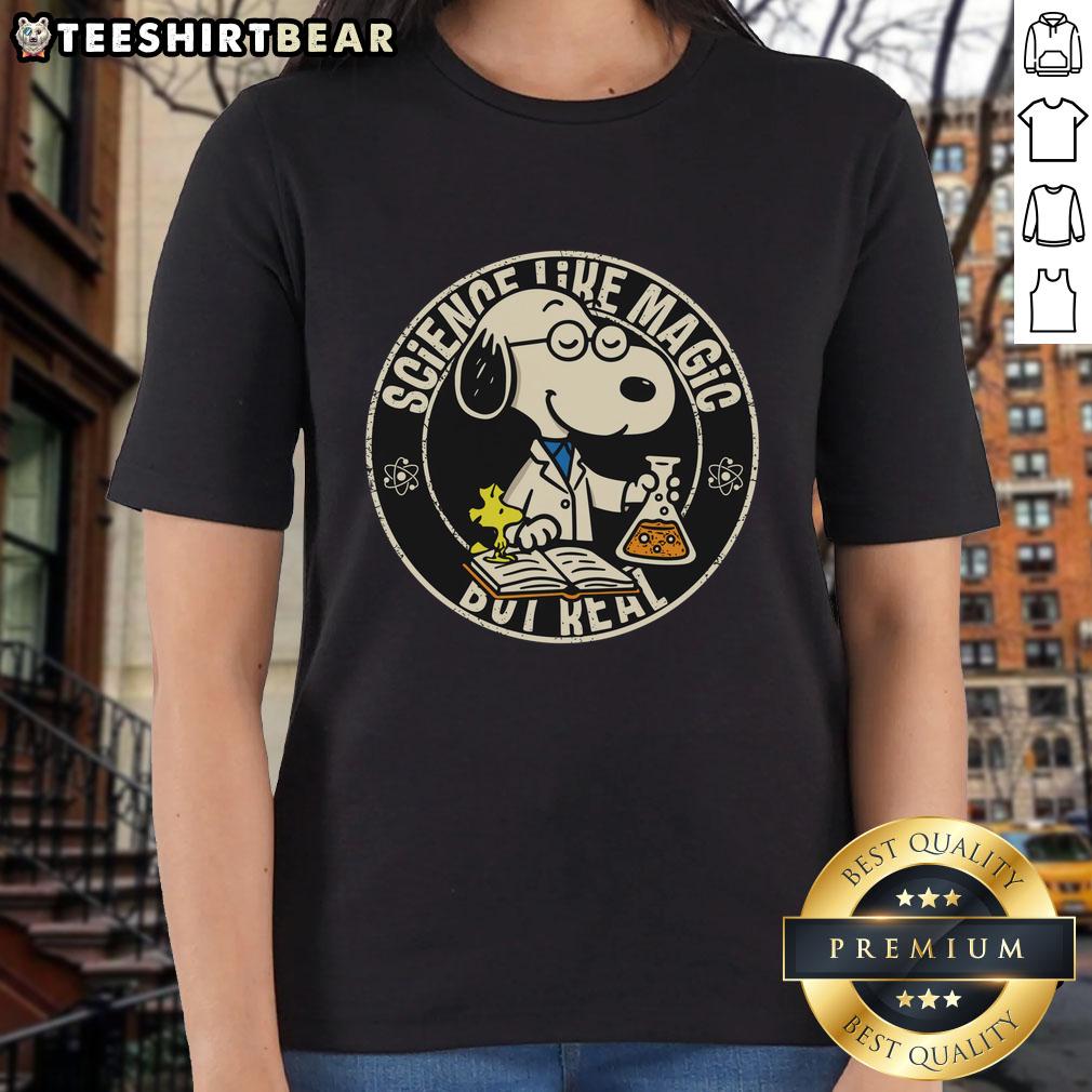 cute-snoopy-science-like-magic-but-real-ladies-tee Cute Snoopy science-themed ladies tee featuring Snoopy and a whimsical design, perfect for science lovers.