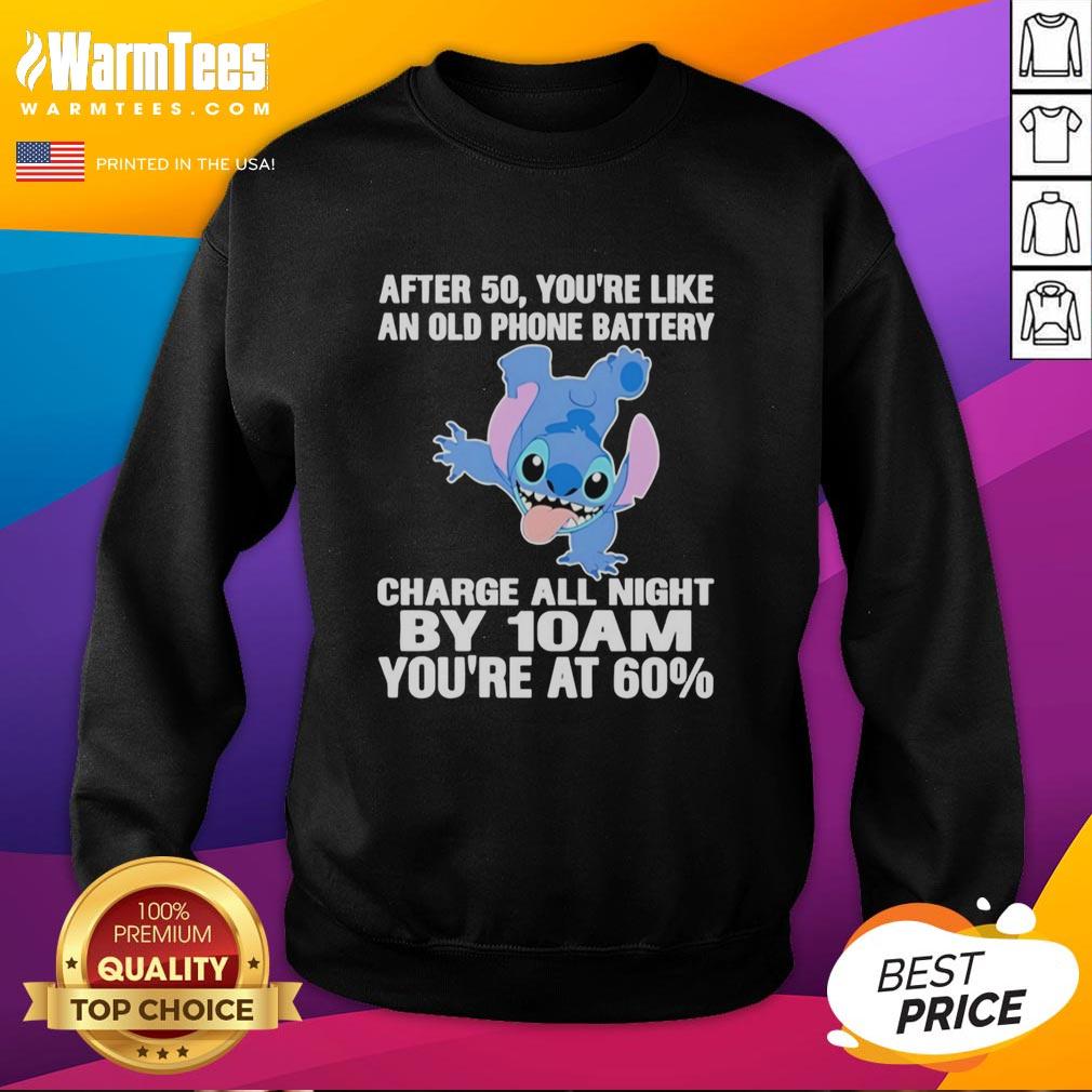 cute-stitch-after-50-youre-like-an-old-phone-battery-charge-all-night-by-10am-youre-at-60-percent-sweatshirt Alt Text: Cute Stitch sweatshirt with a humorous quote about aging and energy levels, perfect for casual wear.