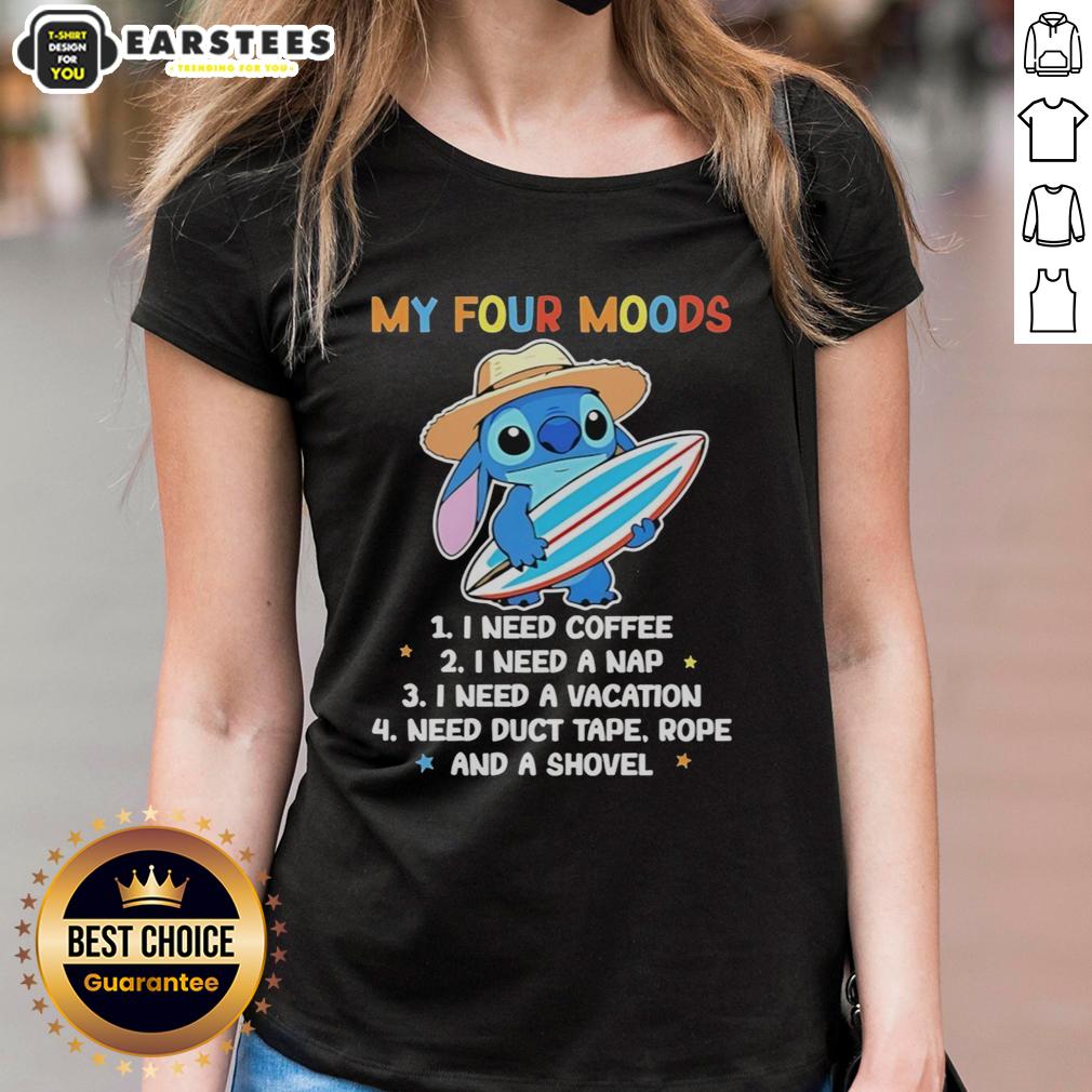 cute-stitch-my-four-moods-1-i-need-coffee-2-i-need-a-nap-3-i-need-a-vacation-ladies-tee Alt Text: Cute Stitch My Four Moods ladies tee featuring coffee, nap, and vacation themes for a fun, casual look.