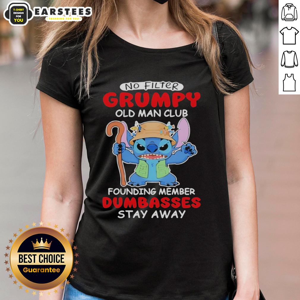 cute-stitch-no-filter-grumpy-old-man-club-founding-member-dumbasses-stay-away-ladies-tee Cute Stitch grumpy old man club tee with 'Dumbasses Stay Away' slogan, perfect for humorous casual wear.