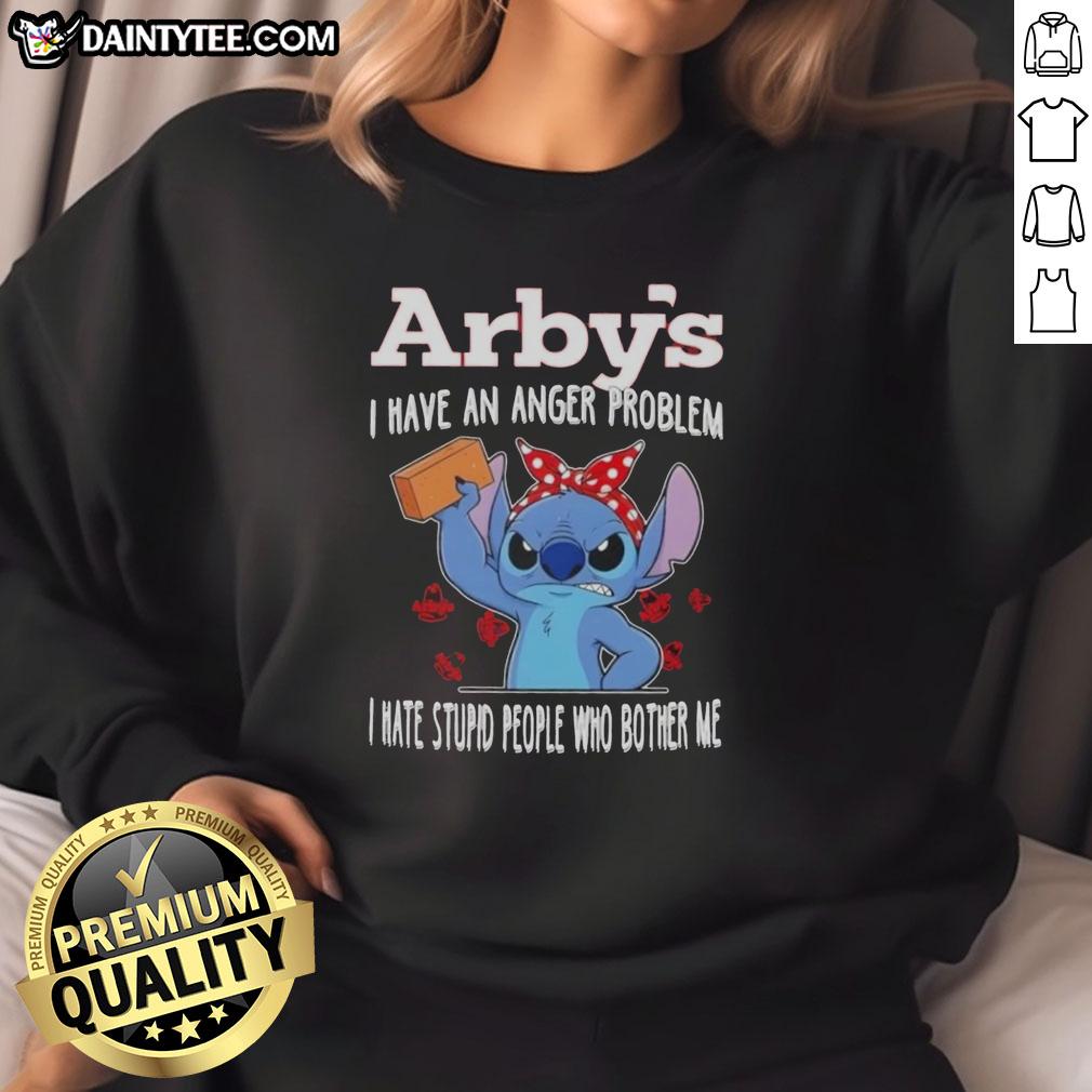 cute-stitch-x-arbys-i-have-an-anger-problem-i-hate-stupid-people-who-bother-me-sweatshirt Alt Text: Cute Stitch x Arby's sweatshirt featuring 'I Have An Anger Problem' slogan, perfect for fans of quirky apparel.