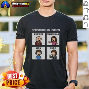 Pretty Generational Chaos T-Shirt featuring Boomers, Millennials, Gen Z, and Gen X designs in vibrant colors.
