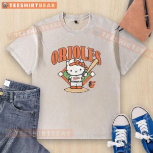 Cute Baltimore Orioles Hello Kitty washed t-shirt featuring a playful design for fans and fashion lovers.