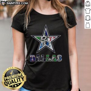 Alt Text: Dallas Cowboys NFL collage logo on a ladies tee featuring iconic Dallas sports teams in vibrant colors.