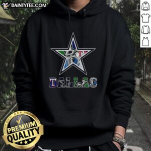 Alt Text: Dallas Cowboys NFL hoodie featuring a collage of Dallas sports team logos for fans and sports enthusiasts.