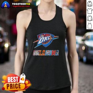 Stylish tank top featuring Oklahoma City Thunder, Oklahoma Sooners, Oklahoma State Cowboys, and Tulsa Golden Hurricane logos.