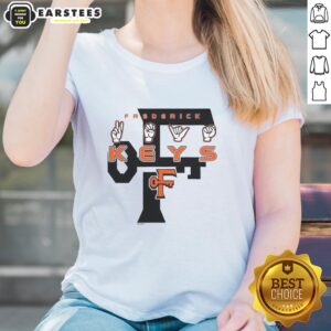 Alt Text: Ladies' tee featuring the 'Good Frederick Keys Deaf Awareness 2026' sign with hand symbol, promoting inclusivity.