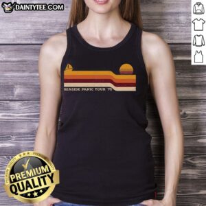 Funny Seaside Panic Tour 75 tank top featuring a vibrant beach graphic, perfect for summer adventures and beach outings.