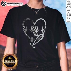 Awesome Chicago White Sox stethoscope heartbeat graphic on a ladies tee, perfect for fans and healthcare enthusiasts.