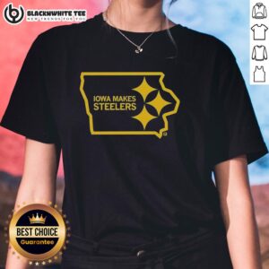 Nice Iowa Steelers state outline logo ladies tee in stylish design, perfect for fans of Iowa and Pittsburgh Steelers.