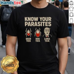 Official Know Your Parasites T-Shirt featuring Deer Tick, Dog Tick, and Luna Tick illustrations in a retro design.