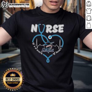 Awesome Nurse Miami Marlins Stethoscope T-Shirt, 'It's A Work Of Heart' design celebrating healthcare heroes.