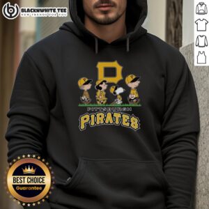 Cute Snoopy, Charlie Brown, Linus, and Lucy wearing Pittsburgh Pirates baseball jersey hoodies, celebrating team spirit.