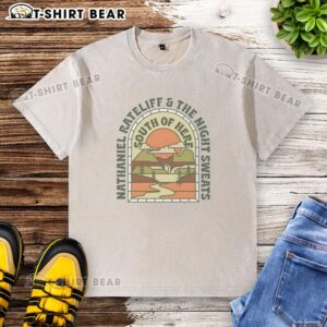 Alt Text: Retro landscape mountains design on an Awesome Nathaniel Rateliff and The Night Sweats washed t-shirt.