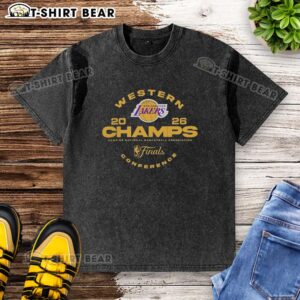 Awesome Los Angeles Lakers Western Conference Champions NBA Final 2025-26 washed t-shirt featuring team logo and colors.