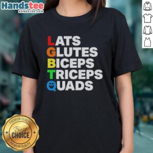 Official LGBTQ Ladies Tee featuring vibrant design showcasing lats, glutes, biceps, triceps, and quads for fitness enthusiasts.