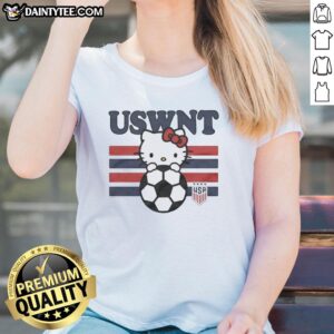 Good Hello Kitty hugging a soccer ball, featuring the USWNT USA soccer team ladies tee design.