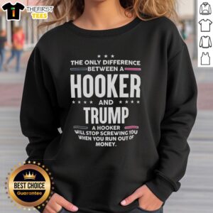 Official 'The Only Difference Between a Hooker and Trump' sweatshirt featuring bold text design for political humor.