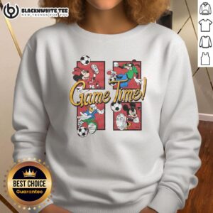 Cozy Nice Mickey and Friends Game Time sweatshirt featuring colorful graphics of beloved Disney characters.