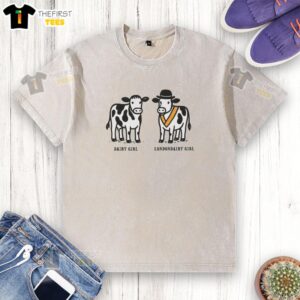 Awesome Cow Dairy Girl in Londondairy, wearing a washed t-shirt, showcasing a fun and stylish farm-inspired look.