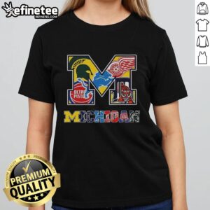 Collage of Michigan Wolverines NCAA logos on a ladies' tee, showcasing Michigan sports teams in vibrant design.
