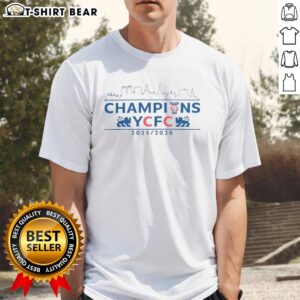 Alt Text: Pretty York City Football Club Champions 2025-2026 commemorative skyline t-shirt featuring iconic city skyline design.