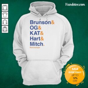 Alt Text: New York Knicks NBA hoodie featuring player names Brunson, OG, Kat, Hart, and Mitch in a stylish lineup design.