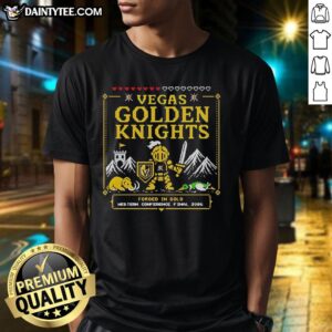 Alt Text: Premium Vegas Golden Knights 2026 Western Conference Final Pixelated Knight Retro T-Shirt showcasing team pride and style.