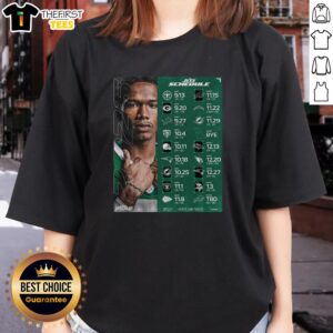 Alt Text: 2026 New York Jets NFL season schedule graphic on a ladies tee, featuring all kickoff times and dates.
