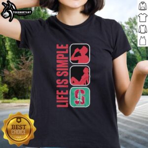 Alt Text: Original Life Is Simple Drink Love Stanford Cardinal Ladies Tee in vibrant red, perfect for fans and casual wear.