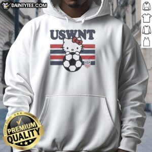 Hello Kitty hugging a ball while wearing a USWNT USA soccer team hoodie, perfect for fans of soccer and cute apparel.