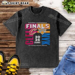 Alt Text: 2025-26 NBA Eastern Conference Finals washed t-shirt featuring Cleveland Cavaliers vs New York Knicks design.