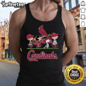 Snoopy, Charlie Brown, Linus, and Lucy wearing St. Louis Cardinals baseball jerseys and tank tops, celebrating together.