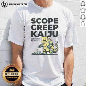 Alt Text: Awesome Scope Creep Kaiju Estimated Harmless T-Shirt featuring a playful kaiju design for casual wear.