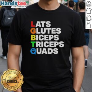 Official LGBTQ T-shirt featuring bold graphics for lats, glutes, biceps, triceps, and quads for fitness enthusiasts.