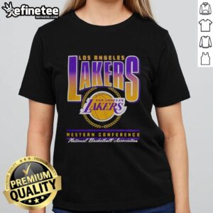 Pretty black Los Angeles Lakers Western Conference NBA swish ladies tee, perfect for stylish fans and game day outfits.