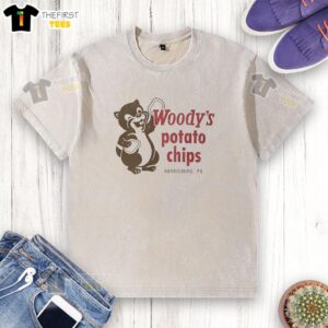 Alt Text: Premium Woody's Potato Chips washed t-shirt displayed on a wooden surface in Harrisburg, PA.