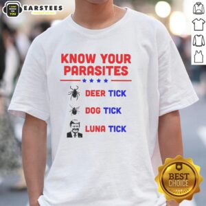 Funny 'Know Your Parasites' T-shirt featuring deer tick, dog tick, and luna tick illustrations for tick awareness.