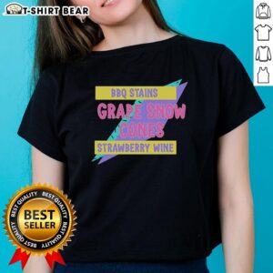 Top BBQ stains on a grape snow cone and strawberry wine ladies tee, perfect for summer gatherings and outdoor fun.