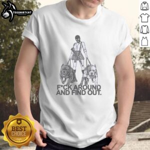 Alt Text: Pretty girl in a balaclava mask walking two dogs while wearing a Fuck Around And Find Out T-shirt.