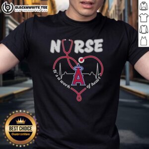 Top Los Angeles Angels Nurse 'It's A Work Of Heart' T-Shirt showcasing team spirit and dedication to healthcare.
