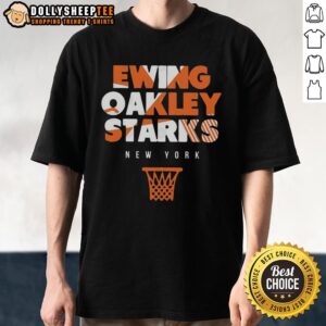 Alt Text: Vintage New York Knicks Ewing, Oakley, Starks hoop T-shirt featuring iconic player graphics and classic design.