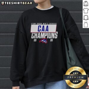 2026 CAA Men's Lacrosse Champions sweatshirt featuring the Stony Brook Seawolves logo and vibrant team colors.