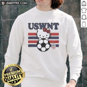 Alt Text: Good Hello Kitty hugging a soccer ball in a USWNT sweatshirt, perfect for fans of the USA soccer team.