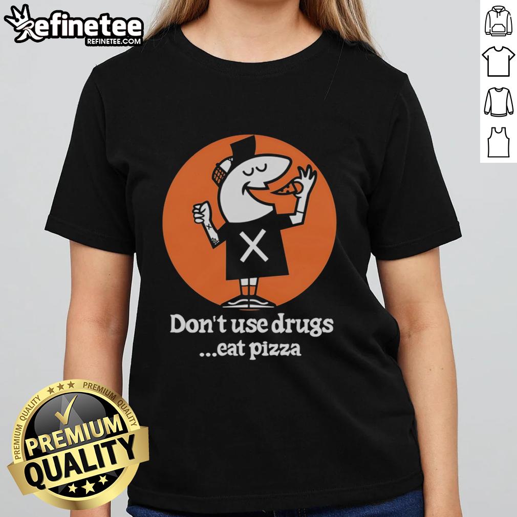 funny-little-caesars-dont-use-drugs-eat-pizza-ladies-tee Alt Text: Funny Little Caesars Don't Use Drugs, Eat Pizza ladies tee featuring vibrant colors and a humorous pizza graphic.